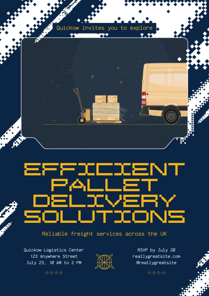 Shrink-wrapped pallet on a pallet truck beside a delivery van, representing UK pallet delivery with Quickow