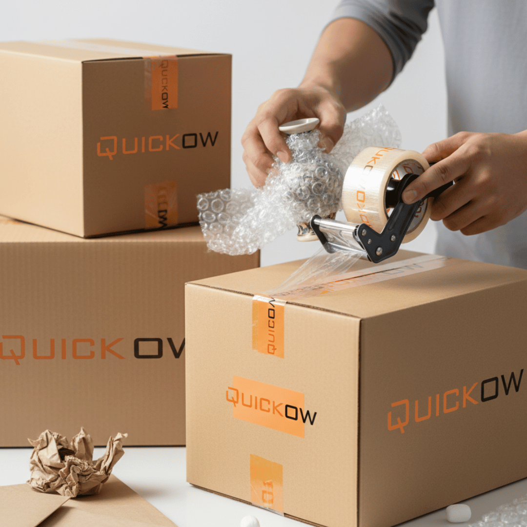 Student moving boxes and packing